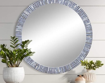 Handmade Blue Bone Inlay Round Wall Mirror | Striped Coastal Mirror Frame | Modern Boho Vanity Mirror | Indian Artisan Home Decor