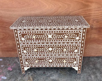 Handmade Bone Inlay 3 Drawer Chest | Brown Floral Bone Inlay Dresser | Luxury Storage Cabinet | Handmade Bedroom Furniture | Bone Inlay Ches