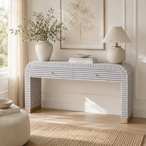 Handmade Grey & White Bone Inlay Console Table | Modern Curved Entryway Table | 2 Drawer Hallway Console | Luxury Inlay Furniture