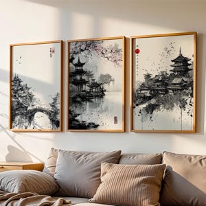 Set of 3, Japanese Landscape, Japanese Wall Art, Digital Wall Art, Minimalist Japanese Sumi-e Landscape, Monochrome Wall Art