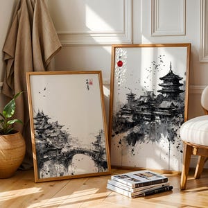 Japanese Landscape, Japanese Wall Art, Digital Wall Art, Digital Download, Minimalist Japanese Sumi-e Landscape, Monochrome Wall Art