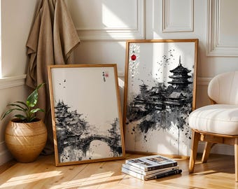 Japanese Landscape, Japanese Wall Art, Digital Wall Art, Digital Download, Minimalist Japanese Sumi-e Landscape, Monochrome Wall Art
