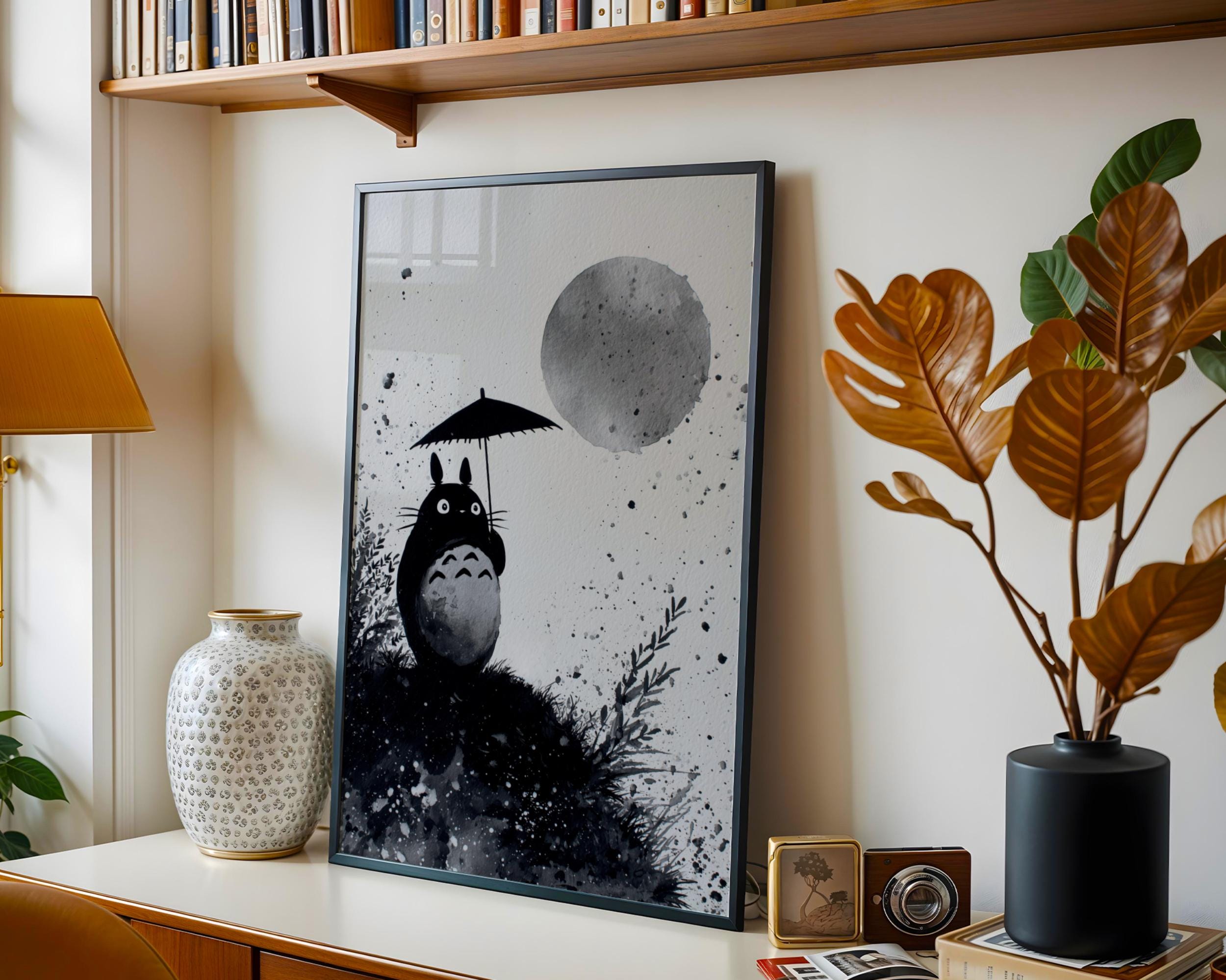 トトロの墨絵風ウォールアート｜日本の水彩画｜スタジオジブリ風