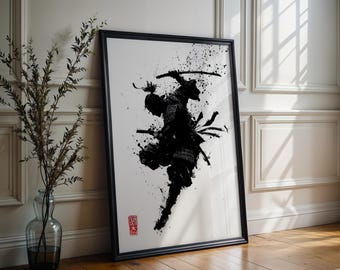 Samurai Warrior Ink Style Wall Art | Japanese Sumi-e Katana Print | Zen Minimalist Home Decor