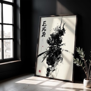 Sumi-e Samurai Wall Art | Japanese Ink Warrior Print | Minimalist Zen Bushidō Decor