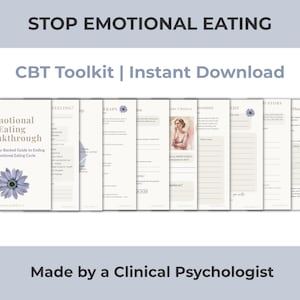 Op de afbeelding: Een CBT-toolkit voor emotioneel eten, met een boekomslag met een blauwe bloem en de titel "Emotional Eating Breakthrough". De toolkit bevat werkbladen en de tekst "Made by a Clinical Psychologist."