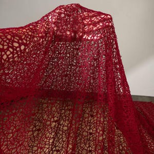 May include: A deep red, open-weave fabric with a delicate, net-like pattern. The material is held up, showcasing its texture and the way light passes through the intricate design. The fabric appears soft and pliable.