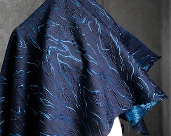 Deep Sea Blue Sparkle 3D Jacquard, Oil Painting Texture Fabric, Artistic Coat Dress Material