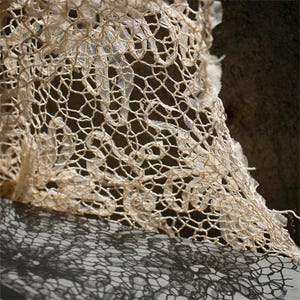 Könnte beinhalten: Nahaufnahme eines zarten, cremefarbenen Spitzenstoffs mit einem komplexen, durchbrochenen Design. Die Spitze hat eine netzartige Struktur mit komplizierten Mustern und einem leicht ausgefransten Rand. Der Stoff wirft einen Schatten auf eine graue Oberfläche.