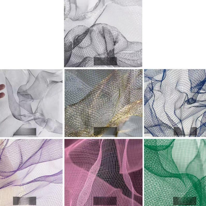 May include: A collection of sheer, net-like fabrics in various colors, including white, gray, gold, blue, purple, pink, and green. The fabrics are loosely woven, creating a delicate, airy appearance. The image showcases the texture and color variations.