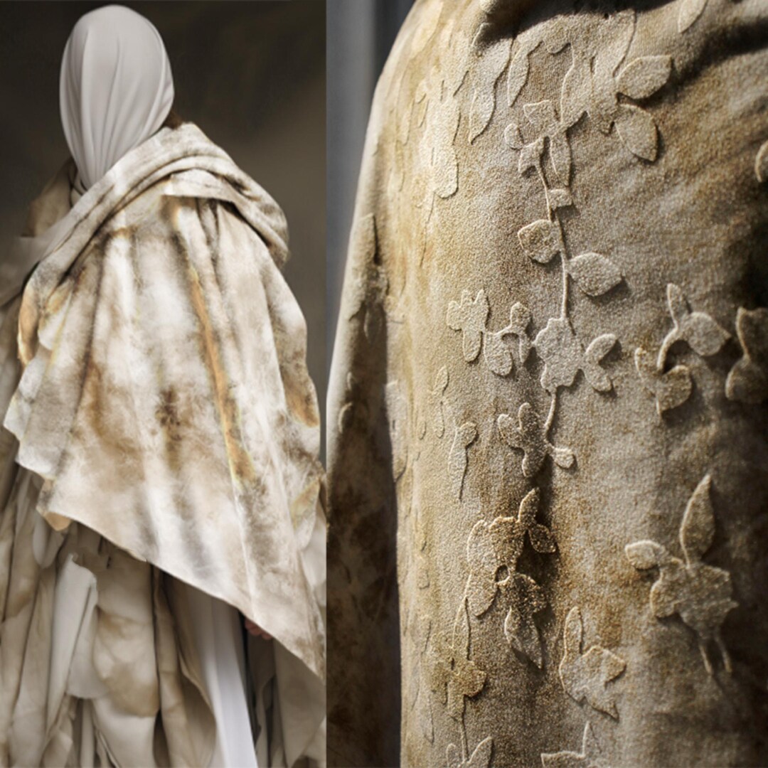 Velour Pattern Embossed Botanical Embossed Velvet Fabric - Ombre Dye, Beige Velour for Dresses ...