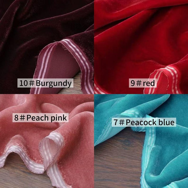 May include: Close-up of four swatches of velvet fabric in various colors: burgundy, red, peach pink, and peacock blue. Each swatch has a striped border and a color label with a number.