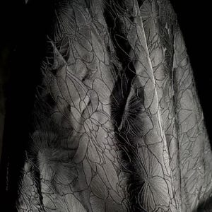 Puede incluir: Primer plano de tela negra con un estampado floral. La tela está drapeada, creando sombras y resaltando la textura del diseño. El patrón floral es detallado y parece bordado o en relieve.