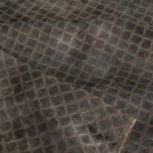 May include: Close-up of a textured fabric with a repeating square pattern. The fabric has a dark, muted color palette, with shades of brown and gray. The pattern creates a subtle, grid-like texture across the material.