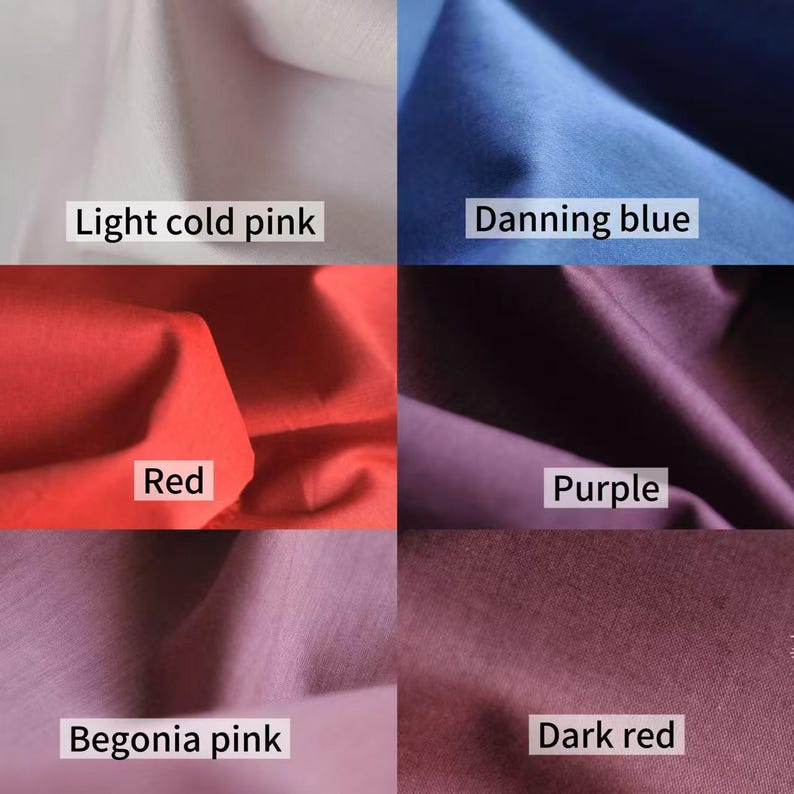 May include: Close-up of fabric swatches in various colors. The swatches include light cold pink, Danning blue, red, purple, begonia pink, and dark red. Each swatch has a label with its color name.
