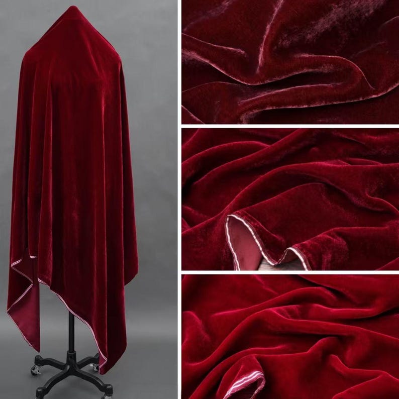 May include: A rich, deep red velvet fabric, possibly a shawl or cloak, is draped over a dress form. The fabric has a soft, lustrous appearance with a white trim. Close-up shots highlight the texture and folds of the material.