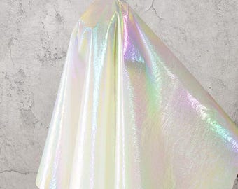 White Iridescent Holographic Fabric, Waterproof Scratch-Resistant Material for Stagewear & Creative Decor
