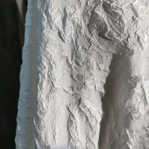 Peut inclure: Gros plan sur un tissu blanc avec un motif texturé en relief. Le tissu présente un design fluide et organique avec un léger éclat. La texture crée des ombres et des reflets, ajoutant de la profondeur au matériau. Le tissu semble être un textile décoratif.