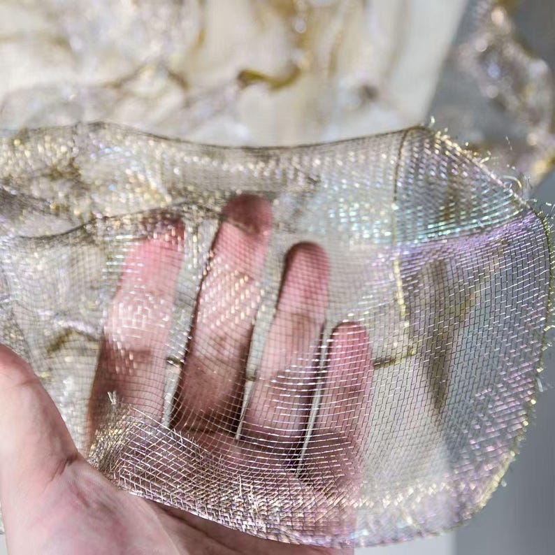 Cloud Mist Rigid Sculptural Mesh, Wire-Frame Shapeable Fabric for Futuristic Fashion & Dimensional Cutting Art champagne gold