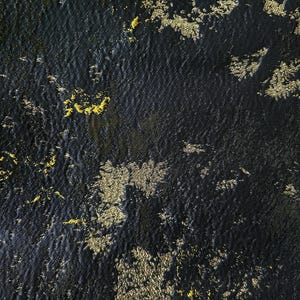 May include: Close-up of a textured black fabric with gold metallic accents. The gold elements are irregularly shaped and scattered across the surface, creating a shimmering effect. The fabric appears to have a subtle sheen.