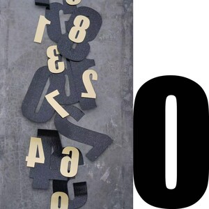 Könnte beinhalten: Eine Ansammlung schwarzer und goldener Zahlen in verschiedenen Größen und Schriftarten, vor einem grauen Hintergrund. Die Zahlen umfassen 0, 1, 3, 4, 7, 8 und ein kleines 'a'. Eine große schwarze Zahl 0 befindet sich rechts.