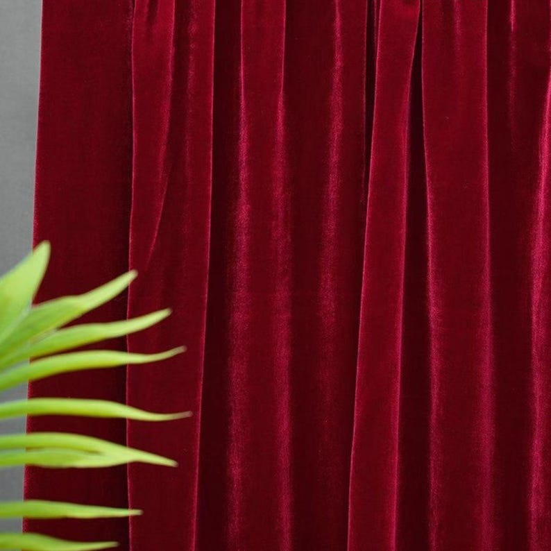May include: A close-up of a deep red velvet curtain with vertical folds. The fabric has a soft, luxurious texture, and the colour is rich and saturated. A green plant is visible in the lower left corner, adding a touch of contrast.