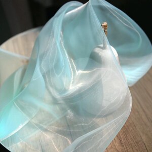 Puede incluir: Primer plano de una tela fluida y transparente en tonos azul claro y blanco. La tela, posiblemente organza, tiene una calidad delicada y brillante. Los pliegues y las curvas crean una sensación de movimiento y suavidad.