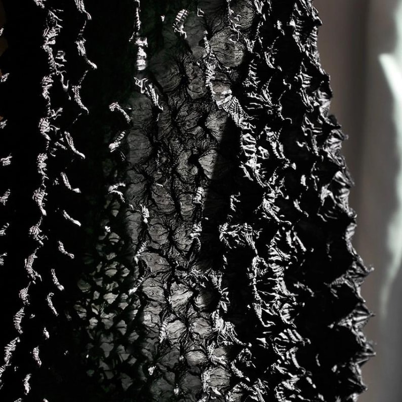May include: Close-up of a textured black fabric with a complex, three-dimensional pattern. The fabric appears to be layered, creating a rough, uneven surface. The lighting highlights the intricate details and shadows of the material.