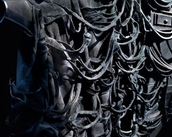 May include: A dark gray, textured garment with intricate, layered details. The design features numerous flowing, ribbon-like elements and a structured, architectural form. The overall aesthetic is avant-garde and sculptural.