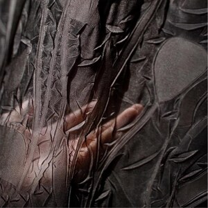 May include: Close-up of black fabric with a textured, crinkled surface. The fabric has a pattern of raised, leaf-like shapes and a sheer quality. The hand is visible through the material, highlighting the fabric's transparency.