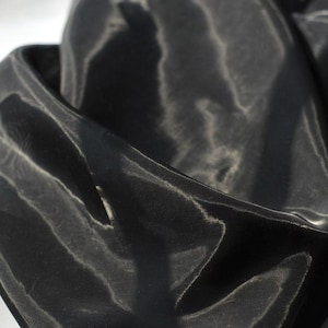 Può includere: Primo piano di un tessuto nero e fluido con una sottile lucentezza. Il materiale appare leggero e leggermente trasparente, con morbide pieghe e riflessi. La trama del tessuto è liscia, creando un senso di profondità e movimento.