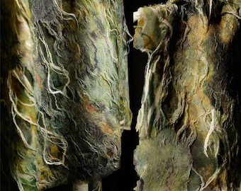 Moss Green Distressed Knit - Burnout Shibori Textured Fabric for Vintage Dress, Upcycled Design