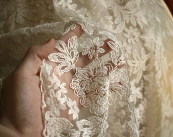 Beige Cotton Embroidered Lace - Floral Mesh Fabric for Wedding Dresses & Romantic Tops