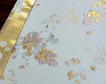 Light Blue Brocade Fabric - Gold Embossed Butterfly Jacquard, Chinese Style Silk Fabric