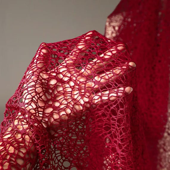 Red Irregular Hollow Mesh Fabric, Sheer Woven Textured Cloth for Stage Costumes & Avant-Garde Design