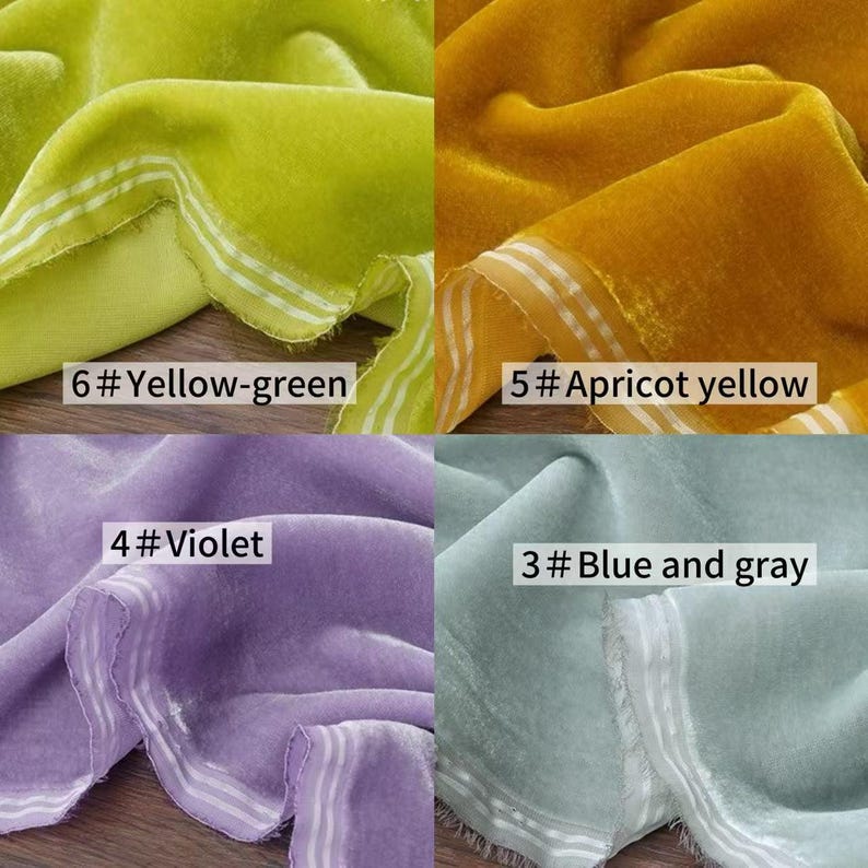 May include: A collage of four velvet fabric swatches in various colors. The colors include yellow-green, apricot yellow, violet, and blue-gray. Each swatch has a white and light green striped edge. The text on the image reads: 6#Yellow-green, 5#Apricot yellow, 4#Violet, 3#Blue and gray.