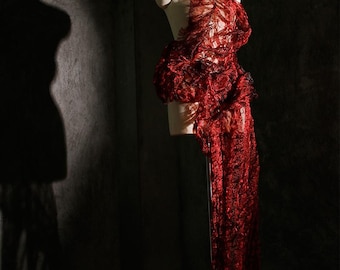 Laser Red 3D Pleated Fabric, Sheer Veil Wedding Textile, Halloween Costume Material