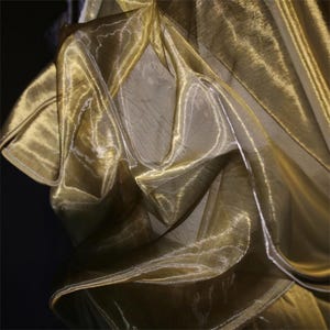 May include: Close-up of shimmering gold fabric with a translucent quality. The material is draped and folded, creating a play of light and shadow. The fabric has a subtle sheen, suggesting a luxurious texture. The overall effect is elegant and sophisticated.