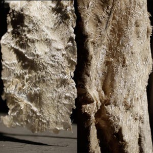 Peut inclure: Gros plan sur deux sections de tissu beige texturé. Le tissu a un aspect rugueux et effiloché avec des fibres visibles et une texture légèrement froissée. L'éclairage crée des ombres qui mettent en valeur la texture du tissu.