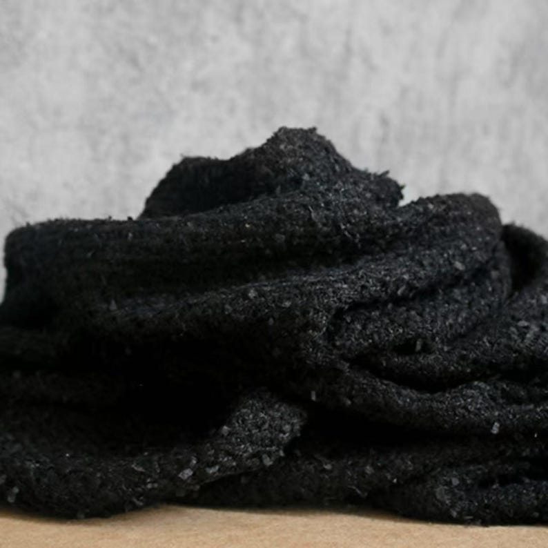 May include: Close-up of a black, textured fabric. The material appears to be thick and woven, with a slightly rough surface. The fabric is folded and layered, creating shadows and depth. The overall appearance suggests a warm, cozy textile.