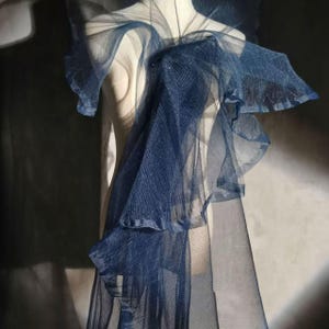 Könnte beinhalten: Marineblauer Tüllstoff, der über einer Schaufensterpuppe drapiert ist. Der Stoff ist geschichtet und gerüscht, wodurch ein voluminöser Effekt entsteht. Der Tüll hat einen subtilen Glanz, und die Gesamtästhetik ist elegant und ätherisch. Der Stoff wird wahrscheinlich für Mode- oder Dekorationszwecke verwendet.
