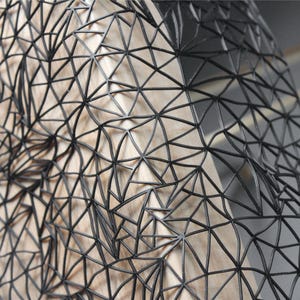 May include: A black wire mesh sculpture featuring a complex, interconnected geometric pattern of triangles and polygons. The dark, thin metal framework creates a dense, web-like structure that overlays a smooth, light-colored wooden surface.