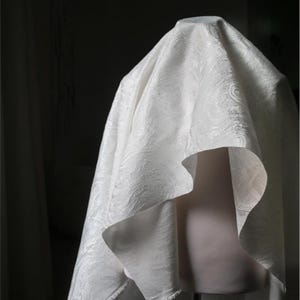 K&ouml;nnte beinhalten: Ein wei&szlig;er Stoff mit einem subtilen, strukturierten Muster ist &uuml;ber eine Schaufensterpuppe drapiert. Der Stoff hat einen leichten Glanz, und die Falten erzeugen Schatten, die Tiefe verleihen. Der Gesamteffekt ist elegant und raffiniert.