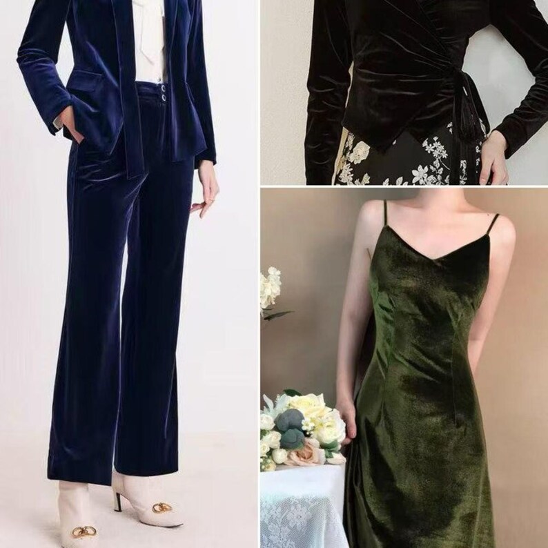 May include: A collage of velvet clothing. A navy blue velvet suit with a blazer and wide-leg trousers. A black velvet wrap top. A dark green velvet slip dress with spaghetti straps.