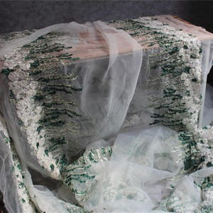 May include: A sheer white tulle fabric featuring intricate embroidery with white floral motifs and deep green vine-like accents. The delicate material is layered, showcasing a repeating pattern of botanical elements across the translucent surface.