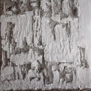 Può includere: Opera d'arte astratta con un aspetto strutturato e stratificato. Il pezzo presenta una combinazione di toni grigio chiaro e bianco sporco, creando un senso di profondità e dimensione. La composizione ha una consistenza ruvida, quasi simile a un tessuto, con pennellate visibili e aree in rilievo.