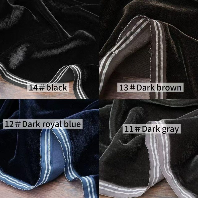May include: Close-up of four swatches of velvet fabric in various colors: black, dark brown, dark royal blue, and dark gray. Each swatch has a contrasting stripe detail with the color name and number printed on the fabric.