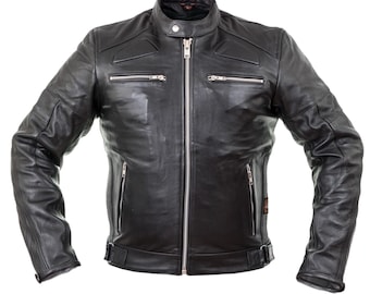 Chaqueta de cuero negro estilo motociclista, hecha a mano / Ajuste personalizado y diseño duradero - 331