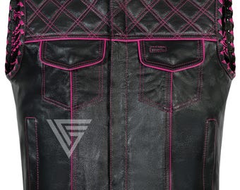Chaleco de motociclista de cuero resistente para hombre, hecho a mano, estilo club con acolchado de rombos