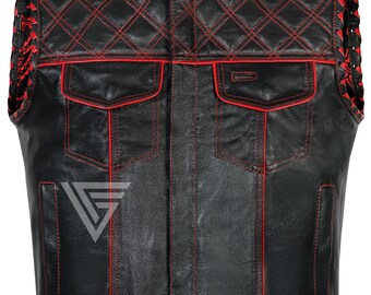 Chaleco de moto de cuero hecho a mano – Estilo club de motociclistas con acolchado de rombos